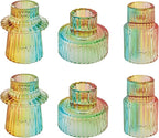 Double Sided Vintage Ribbed Taper Glass Candle Holders,Tea Candle Holder for Table Centerpieces, Wedding Decorations and Dinner Parties (Rainbow, 6 PCS)
