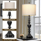 27" Vintage Table Lamps for Living Room Set of 2, Farmhouse Rustic Nightstand Lamps with USB C+A Ports, 3-Way Dimmable Bedside Lamp for Bedrooms Office Dorm, 2 LED Bulbs Included Washed Antique Black