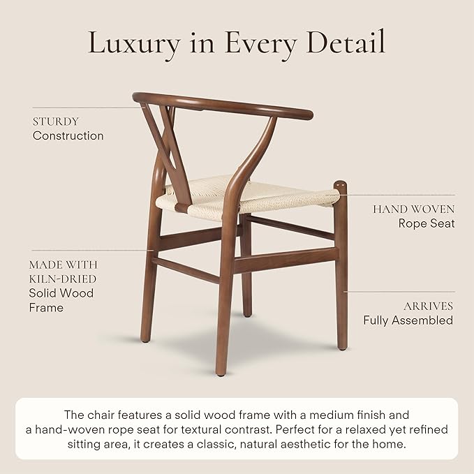 POLY & BARK Weave Dining Chairs – Mid-Century Modern Wishbone Dining Chairs with Arms, Solid Wood Frame, Indoor Use – Walnut– Set of 2 - Ideal for Dining Room, Kitchen or Stylish Accent Setting