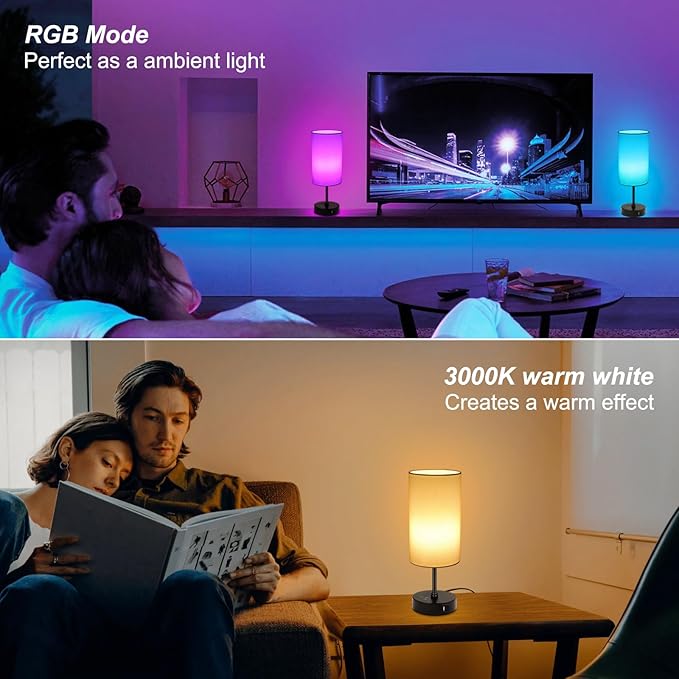 Ascher RGB Table Lamp Color Changing - 3 Color Temperatures and Stepless Dimmable Small Bedside Lamp for Bedroom, Touch Control Nightstand Light with White Shade for Reading Home Decor Lights