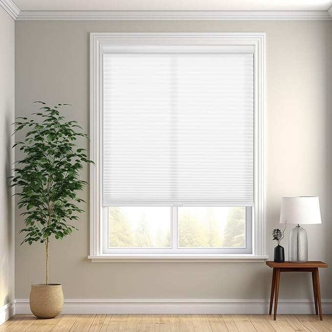 Changshade Cordless Cellular Shades, Light Filtering Honeycomb Shades for Windows, Pull Down Pleated Blinds, Easy to Install for Indoor Windows and French Doors,27" W x 72" H, White