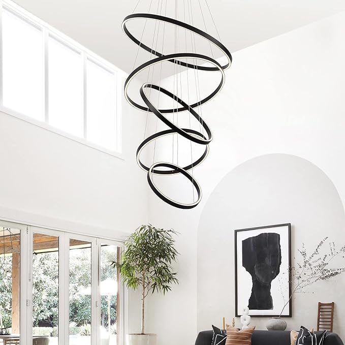Modern LED Chandelier, 15.7"-31.4" Ring Chandelier, Black, High Ceiling, Foyer, Living Room