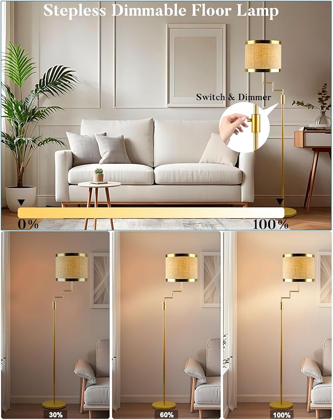 Lightdot 70IN Gold Floor Lamp Dimmable Linen Shade LED Floor Lamps with 3000K for Wedding/Party,350 Degree Swing Arms, Modern Tall Lamp for for Reading, Sewing, and Craft (Bulbs Included)