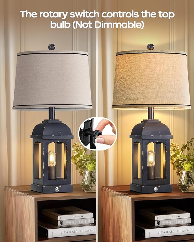 QiMH Table Lamp for Living Room, Farmhouse Lamps with USB A+C and Nightlight, 26" Rustic Bedside Lamps with 3-Way Dimmable Touch Control, Nightstand Lamp for Bedroom, Shabby Grey, 1 Pack
