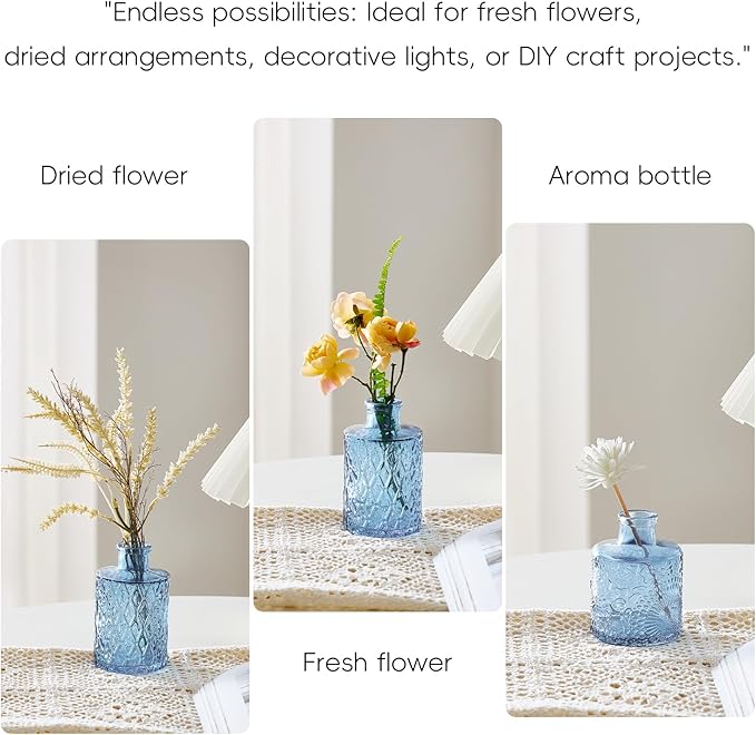 Glass Bud Vases Set of 16 - Blue Assorted Small Mini Glass Vases for Flowers, Crystal Vintage Vase Set, Bulk Centerpieces for Table Décor, Wedding, Home and Events (Blue, 16 Pcs)