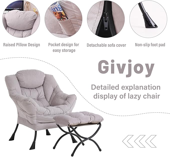 Lazy Chair and Ottoman, Large Accent Lounge Chair with Armrests and a Side Pocket, Modern Leisure Upholstered Sofa Reading Armchair with Footrest for Bedroom, Living Room, Dorm Rooms, Office