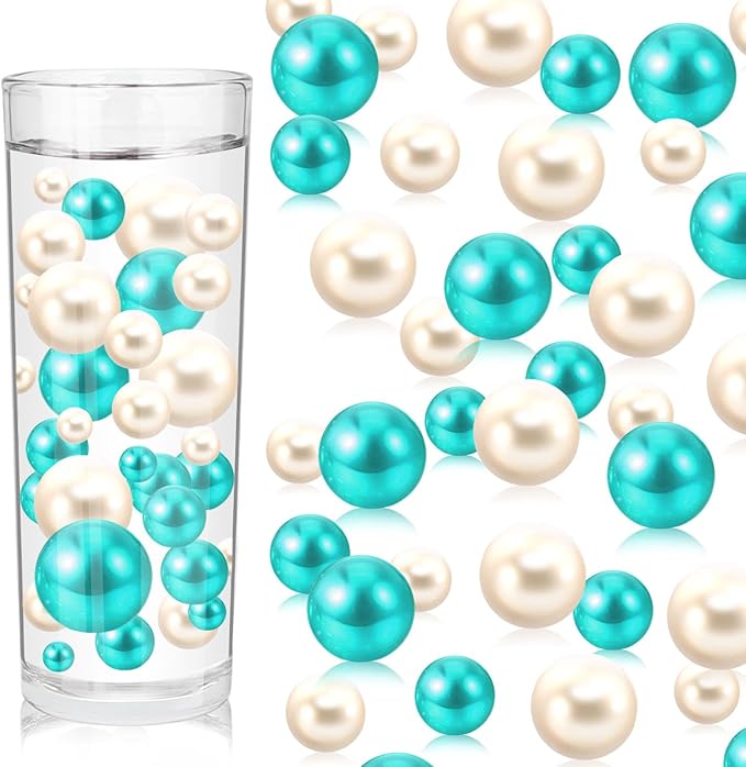 100PCS Teal White Faux Pearls Beads for Centerpiece Vases, Vase Filler Faux Pearls, No Holes Filler Beads for Party Anniversary Birthday Wedding Table Decor, 14/20/30mm