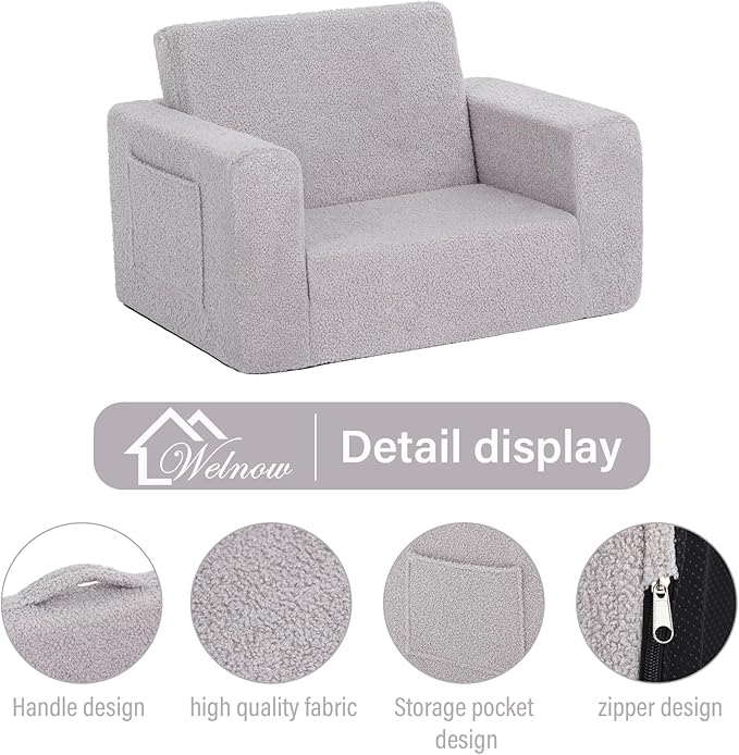 Welnow 2-in-1 Kids Sofa Chair, Convertible Toddler Chair Flip Out Children Sofa Chair Folding Kids Play Sofa with Side Pockets & Removable Cover Armrest Chair for Girl or Boy