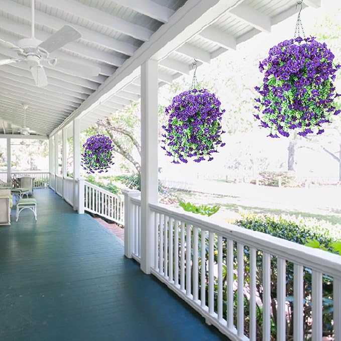 Ivydale 2 PCS Artificial Hanging Flowers Fake Plants Outdoor,Silk Morning Glory Faux Flowers with Eucalyptus Leaves,UV Resistant Realistic Hanging Petunias Plants for Home Garden Decor (Purple)