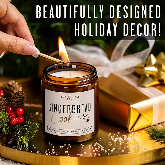 Gingerbread Candle, Christmas Candles Scented – ‘Gingerbread Cookies’ Soy Candle, w/Gingerbread, Cinnamon & Vanilla - Infused with Essential Oils I 9oz, 50Hr, Made in USA