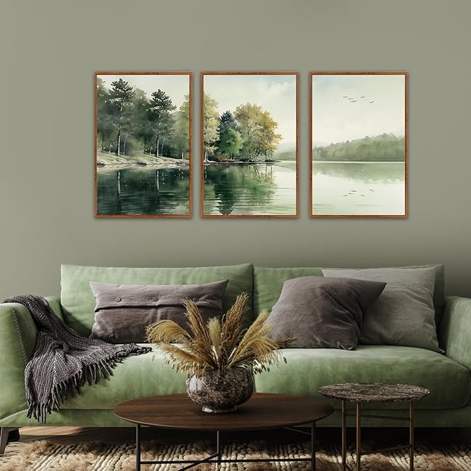 KAIRNE Framed Nature Canvas Wall Art Set,Misty Forest Wall Decor,Green Mountain Forest Pictures,Lake Water Painting set of 3(16”x24”),Landscape Scene Print for Living Room, Bedroom,Gallery Decor