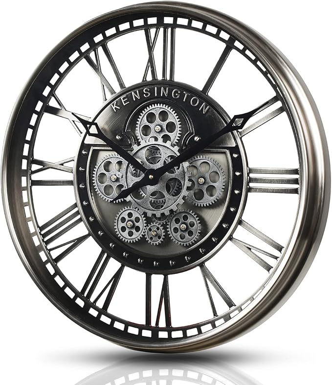 CLXEAST 21 Inch Modern Moving Gears Wall Clock for Living Room Decor,Industrial Steampunk Clocks for Farmhouse Home Decor,Roman Numerals,Gunmetal Nickel Finish
