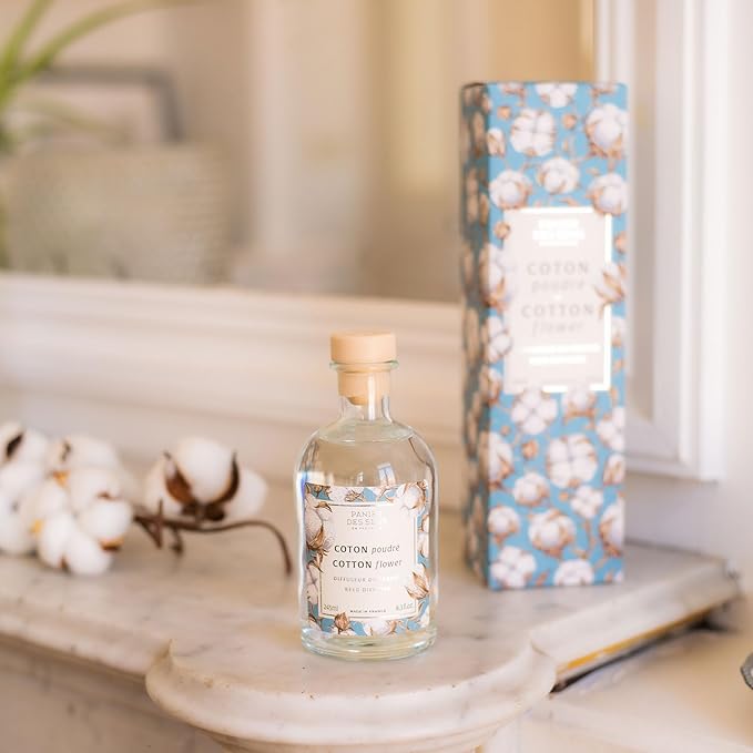 Panier des Sens - Cotton Flower Reed Diffuser 8.1 fl.oz – Long Lasting Fragrance 5+ Months - Elegant Home Decor - Oil-Based Scent Diffuser - Made in France Home Fragrance - 90% Natural Ingredients