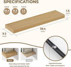 Dreamland 40 Inches Floating Shelves for Wall, 9.3" Deep Long Floating Shelves Set of 2, Large Display & Storage Shelf, Wall Shelf for Bathroom Bedroom Living Room Kitchen Office, Oak