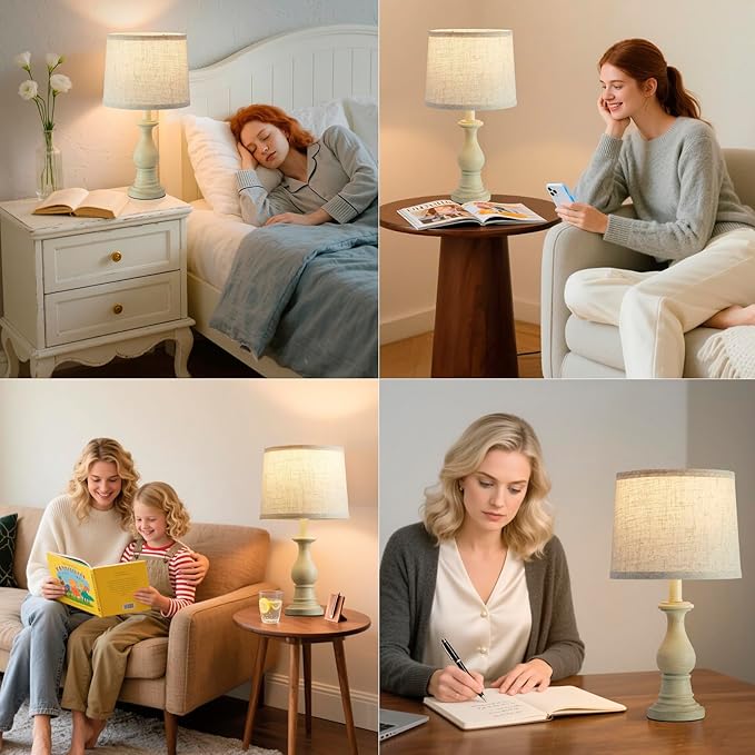 Vintage Table Lamp for Living Room Bedroom, 18.5" Farmhouse Bedside Lamps Nightstand Lamp Set of 2, Table Lamps with Oatmeal Linen Lamp Shades, 2 LED Bulbs Included, Beige
