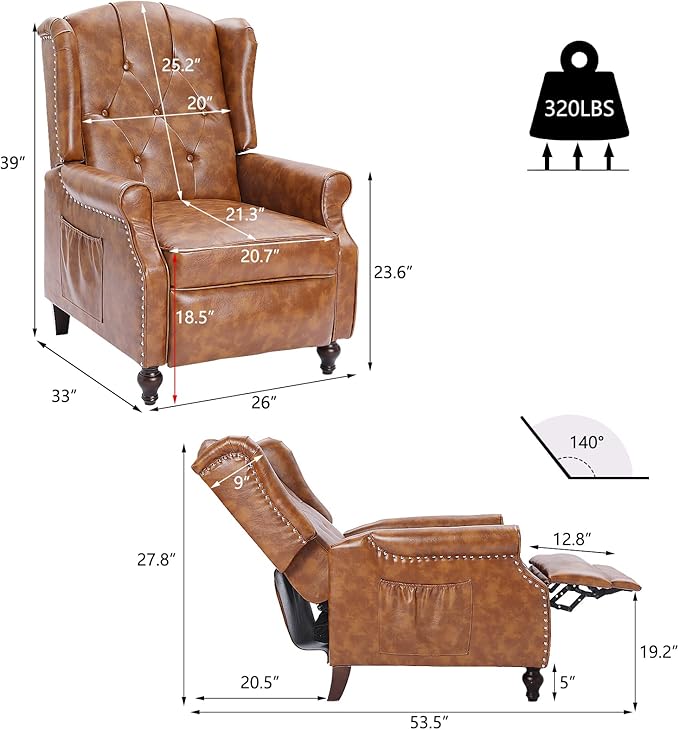Wingback Recliner Chair with Massage and Heat Tufted PU Leather Push Back Recliner Chair for Living Room Vintage Wingback Chair with Remote Control, Padded Cushion, Backrest, Wooden Legs