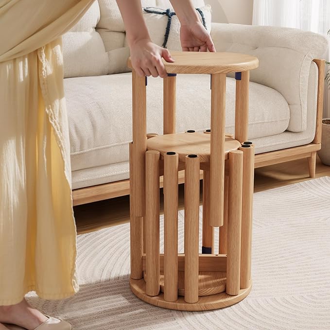 Stackable Stools Set of 4,4-in-1 Wood Stool,Round Wooden Stools with Anti-Slip Foot Pads for Kitchen,Bedroom,Living Room,Bar,No Assembly Required Durable and Space-Saving Design,18 inch (Natural)