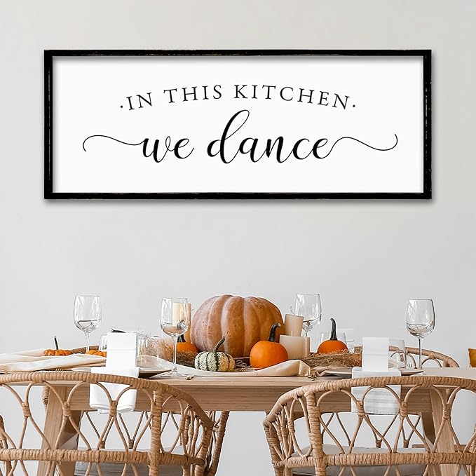 ZZJJHYWGQ In This Kitchen We Dance Sign Wall Decor 32"×12" Farmhouse Funny Kitchen dining room Signs Horizontal Wooden Framed hanging Art (Black)