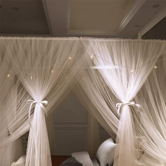 VETHIN 4 Corners Post Princess Bed Canopy Curtain Double Layer Cozy Drape Netting 4 Opening Mosquito Net for Girls & Adults Bedroom Decoration Accessories (Double White, 78" W*86" L*82"*H/(King))