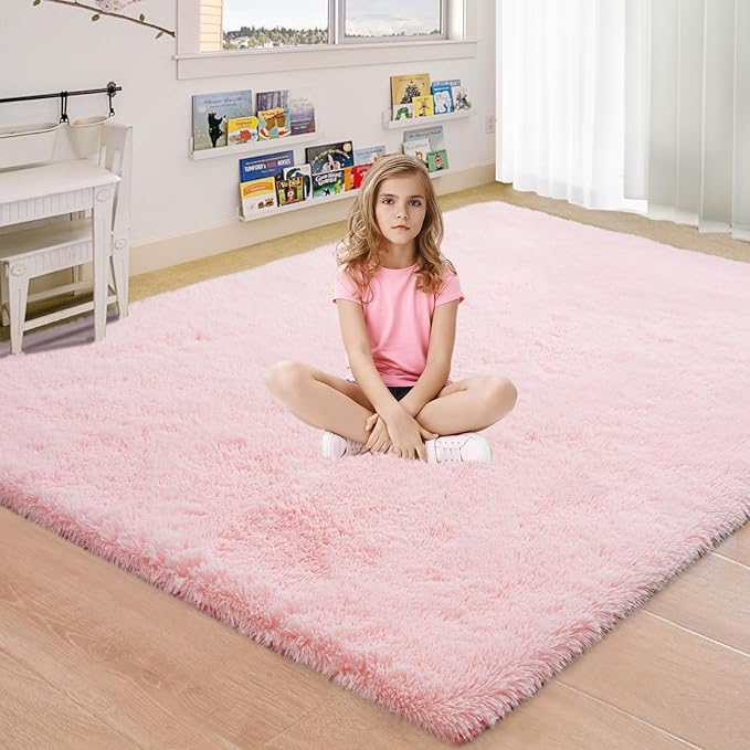 Pink Fluffy Rugs for Bedroom Girls: Area Rug 6x9 Pink Fuzzy Rug for Kids Room - Furry Rug Living Room Bedroom Decor