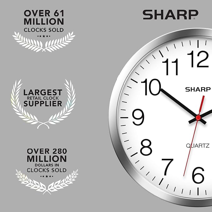 Sharp Wall Clock – Silver/Chrome, Silent Non Ticking 10 Inch Quality Quartz Battery Operated Round Easy to Read Home/Kitchen/Office/Classroom/School Clocks, Sweep Movement