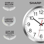 Sharp Wall Clock – Silver/Chrome, Silent Non Ticking 10 Inch Quality Quartz Battery Operated Round Easy to Read Home/Kitchen/Office/Classroom/School Clocks, Sweep Movement