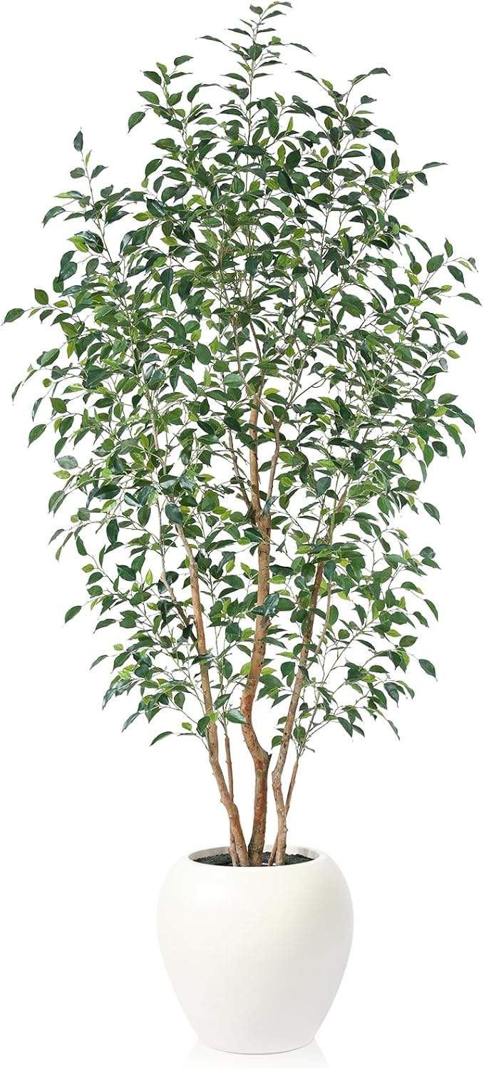 8FT Artificial Ficus Tree, Indoor Faux Ficus Plant with Realistic Leaves & Natural Wood Trunk, 8ft Tall, Green, All Seasons, Perfect for Living Room Home Decor