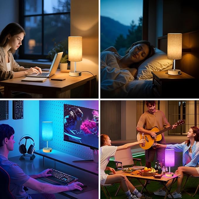 Unicozin Small Table Lamp, 3CCT & 7 RGB Color Changing, Dimmable Nightstand Lamp with Wood Grain Base, Touch Bedsides Lamp for Bedroom, Office, Kids Room, Nursery, Party, Beige Shade