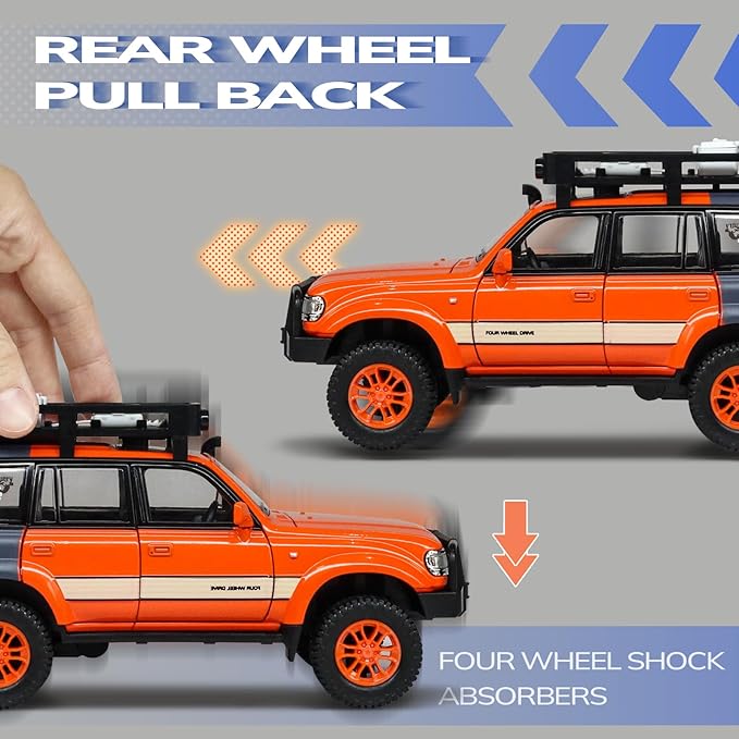 Toy Cars for Boys Diecast Cars 1 24 Scale Compatible with Land Cruiser LC80 Car Model Collectible,Pull Back Toy Car with Lights and Sounds,Toy Cars for Boys Age 4-7（Orange）