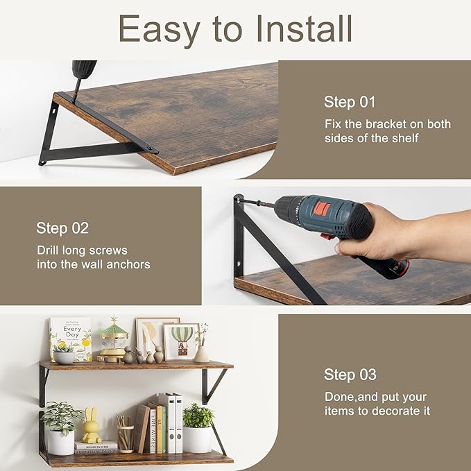 12 Inch Deep Floating Shelves,48W x 12D Floating Shelves, Deep Wall Shelves Bracket Set of 2, Large Display Floating Shelf for Bathroom, Living Room, Wide Storage Wooden Wall Shelf, Rustic Brown