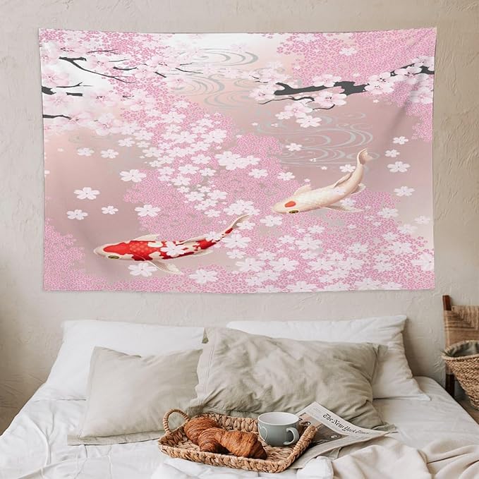 Houselerax Japanese Koi Fish Tapestry, Cherry Blossoms Asian Oriental Pink Flower Branch Koi Fish Carp Tapestries Wall Hanging for Bedroom Living Room Office Decor 60"x40"