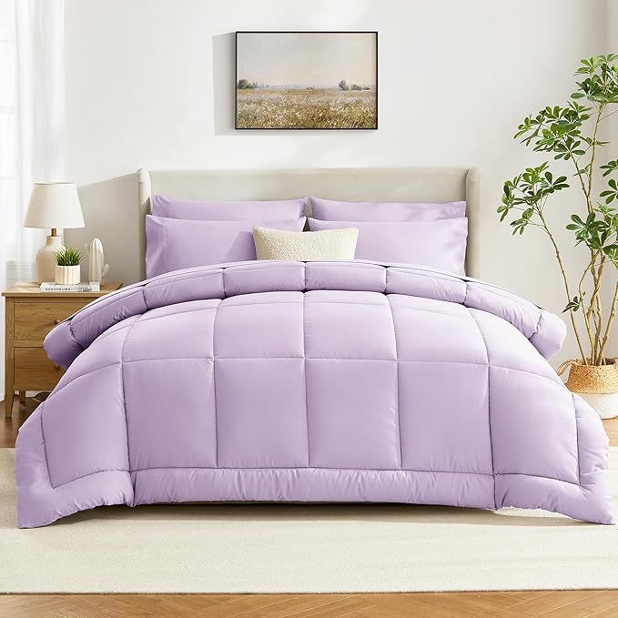 CozyLux Queen Comforter Set Lavender, 7 Pieces Bed in a Bag, Light Purple Comforter Queen Size, All Season Bedding Sets with Stitch Quilted Comforter, Flat Sheet, Fitted Sheet, Pillowcases