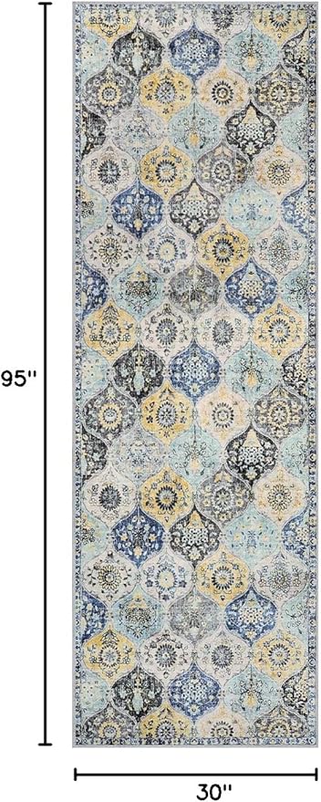 Lahome Moroccan Washable Hallway Runner Rug, 2'5''x8' Ultra-Thin Carpet Runners for Hallways Kitchen, Oriental Vintage Non-Slip Laundry Room Rug for Entryway Bedroom Bathroom, Yellow/Aqua