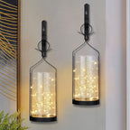 Metal Wall Sconce 35 Led Lantern Set of 2 - Black Wall Mounted Hanging Holder with Glass & Candles Vintage Wall Decor for Porch, Living Room, Dining Room, Bedroom Indoor Decor