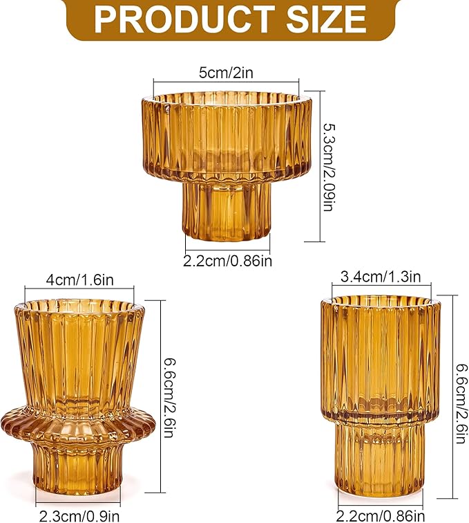 Candlestick Holders Set of 6, Ribbed Glass Taper Candle Holders, Reversible Amber Tealight & Candle Stick Candle Holder Vintage Crystal Tapered Candlestick for Wedding Dinner Party Festival