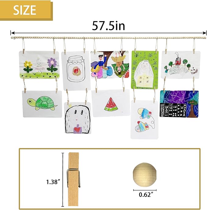 Art Display for Kids Artwork,Hanging Photo Display with 36 Clips, Boho Wooden Beads Kids Art Frame Display Holder for Classroom, Playroom, Bedroom Wall Decor