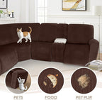 Arfntevss Sectional Recliner Couch Covers Velvet Washable Corner Sectional Sofa Cover for Reclining Couch Stretch Soft Thick L Shape Recliner Slipcover Set (5 Seat with 2 Console Cover, Dark Brown)