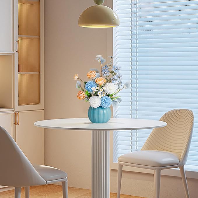 Artificial Flowers, Fake Flowers in Vase, Silk Flowers with Ceramic Vase, Faux Flowers Arrangement for Homes, Restaurants Decoration Dining Table Centerpiece Decor (Blue)