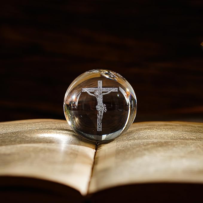 60mm 3D Glass Laser Etched Cross Jesus Crystal Ball with Stand Jesus Crucifixion Scene Figurine Crystal Cross Jesus Easter Decoration for Christianity Catholic