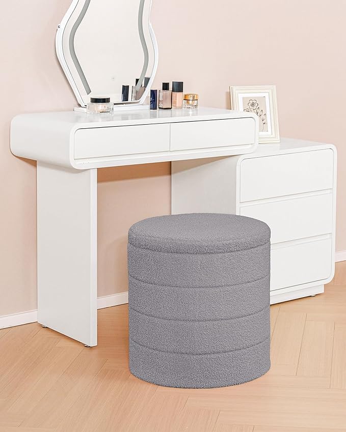B FSOBEIIALEO Ottoman with Stroage, Round Sherpa Storage Ottoman Stool, Boucle Foot Rest 16.9"x16.9"x17.7"（Grey