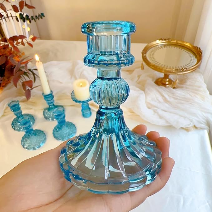 Glass Candlestick Holder,Striped Taper Candle Holders,Set of 6 Candle Stand for Table Centerpieces, Home Decor,Weddings,Festival and Parties (Blue Stripe Pattern)
