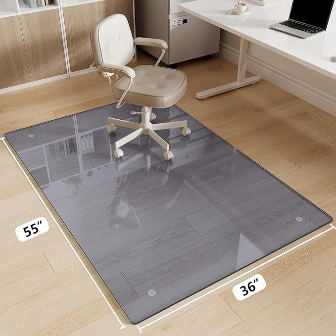 Glass Chair Mat 36" x 55" Heavy Duty Tempered Glass Mat,Office Glass Floor Mat with Round Corner and Polished Edge for Smooth Glide, Carpet Hardwood Floor Protector,Grey