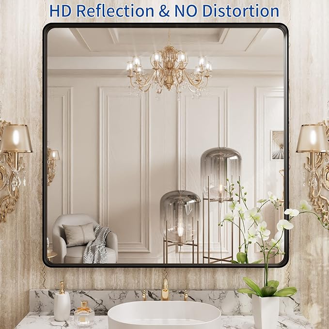 WEER 36X36 Inch Black Metal Framed Bathroom Mirror, Matte Black Bathroom Vanity Mirror, Rectangular Black Wall Mirror for Bathroom, Tempered Glass, Rounded Corner, Hangs Horizontal or Vertical