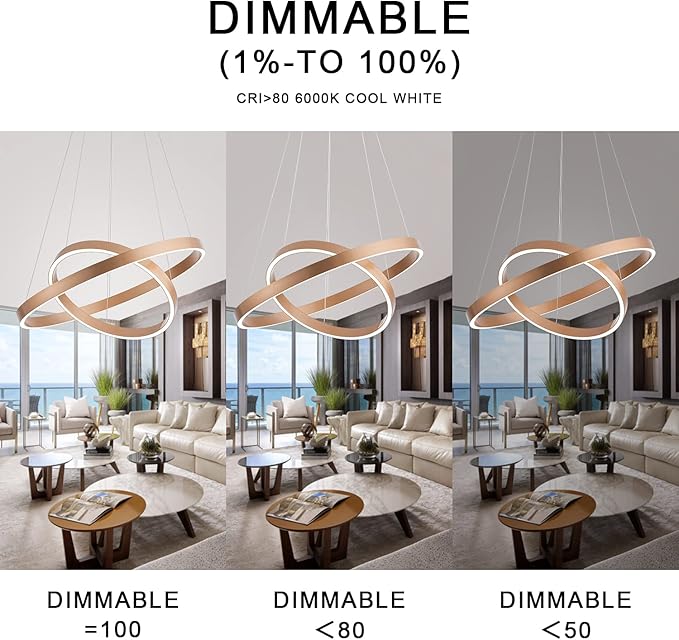 MADEM Modern LED Chandelier 2-Ring Circular Dimmable Pendant Light Contempoary Chanderlier Flush Mount Pendant Lighting for Living Room Dining Room, Bedroom,3000K-6000K, Gold, 60W