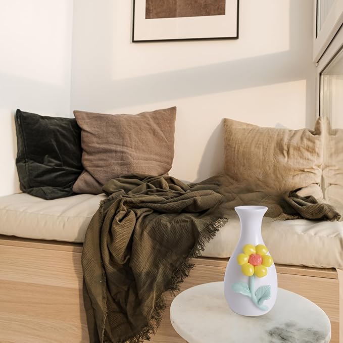 Handmade Ceramic Small vase Creative mini vase Home Decoration Ornament with 3D Floral Design (3D Flowers-sunflower1PCS)