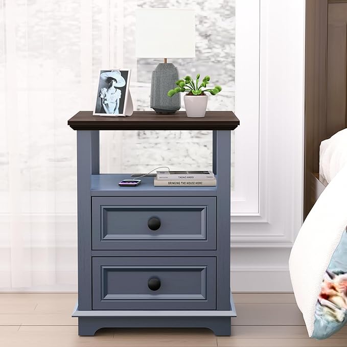 End Table with Fast USB C Charging Station, 18" Wide Tall Sofa Side Table with 2 Drawers, Large Storage Rustic Wood Square Storage Cabinet for Living Room,Bedroom,Office, Blue