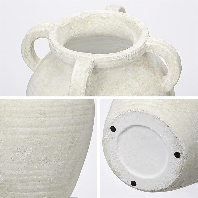 Handmade Flower Vase, 12" Tall Terracotta Vase, White Vintage Ceramic vase, Rustic Antique Decor with 3 Handles, Wide Mouth, Matte Finish for Home Office Resto Café Décor