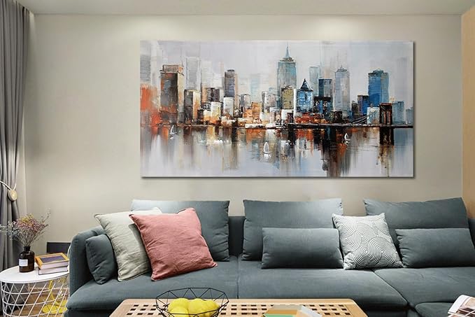 Arjun Brooklyn Bridge Wall Art Modern New York City Abstract Canvas Cityscape NY Painting Large Framed Colorful NYC Skyline Textured Picture for Living Room Bedroom Home Office Wall Decor, 48"x24"