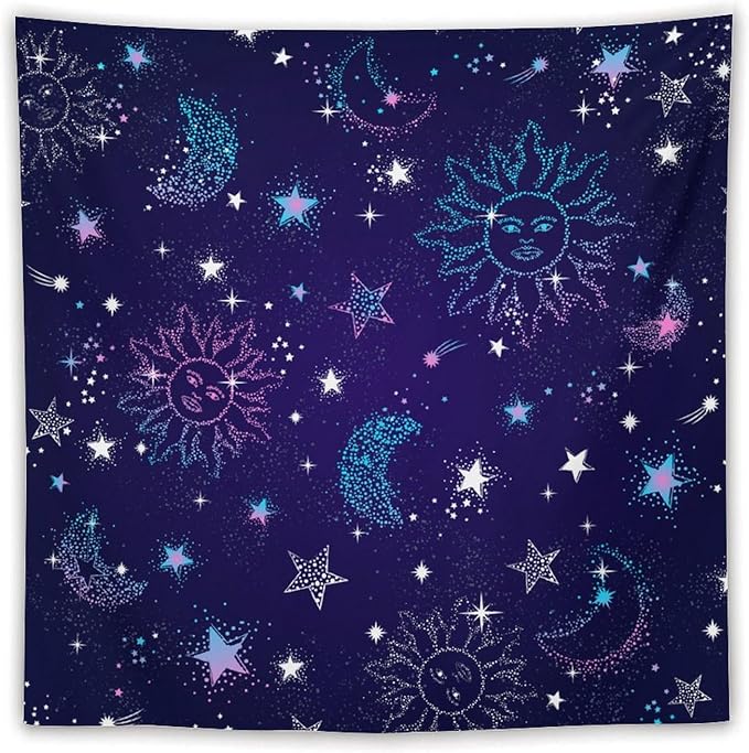 HZOHNAGO Boho Sun Moon Tapestry Purple Blue Sun Stars Galaxy Pattern Printed Wall Tapestry Wall Hanging for Bedroom Living Room Dorm 60" W x 60" H