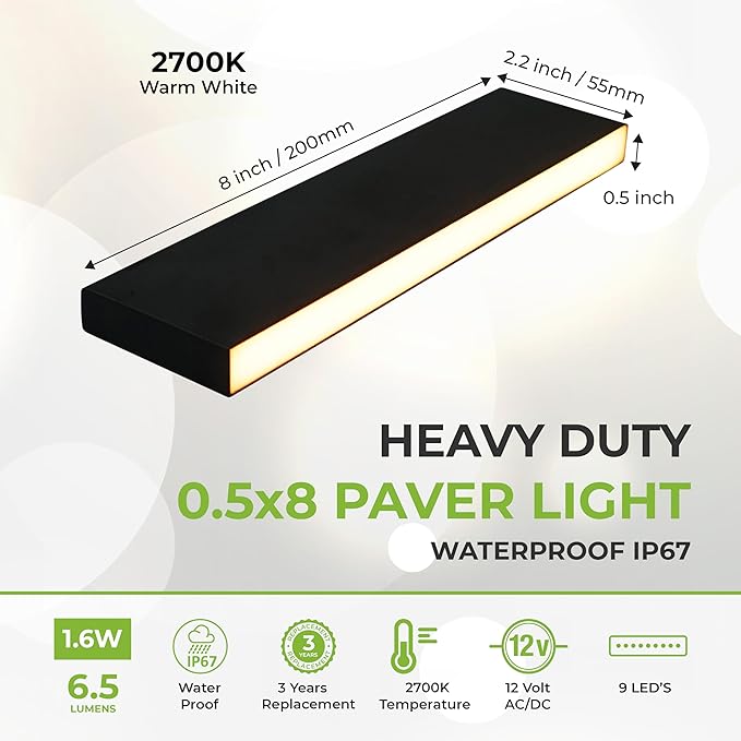 LUMENGY Paver Light Slim 0.5x8 Inch (0.55 x 7.87 inches) 2700K Warm White Glare-Free Steel Brick Lighting for Pavers, Walls, Driveway & Pathway Borders, Waterproof, Drive-Over Rated - 12V AC/DC